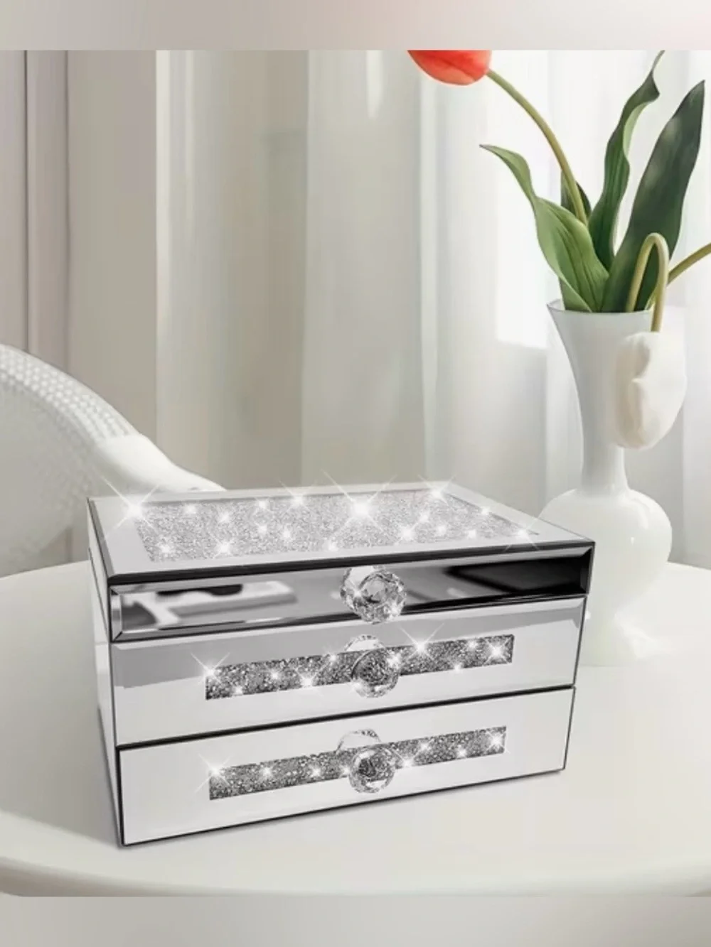 Silver Mirrored Jewelry Box with Crystal Accents - NEW